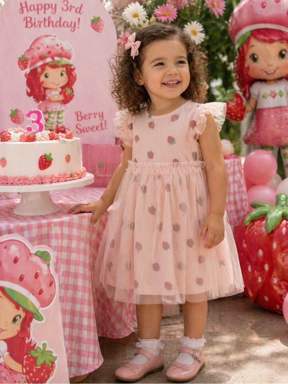 Hanna Andersson Strawberry Print Pink Tulle Overlay Dress Flutter Sleeves Size 3